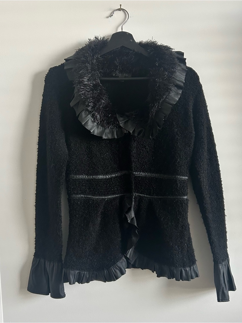 Y2K Black Ruffled Fuzzy Cardigan Sweater